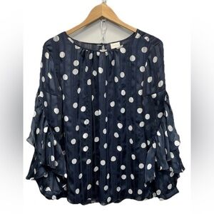 Chico's Blouse Women's 2 Large Blue Polka Dots Pleat Neck Tiered Ruffle Sleeves